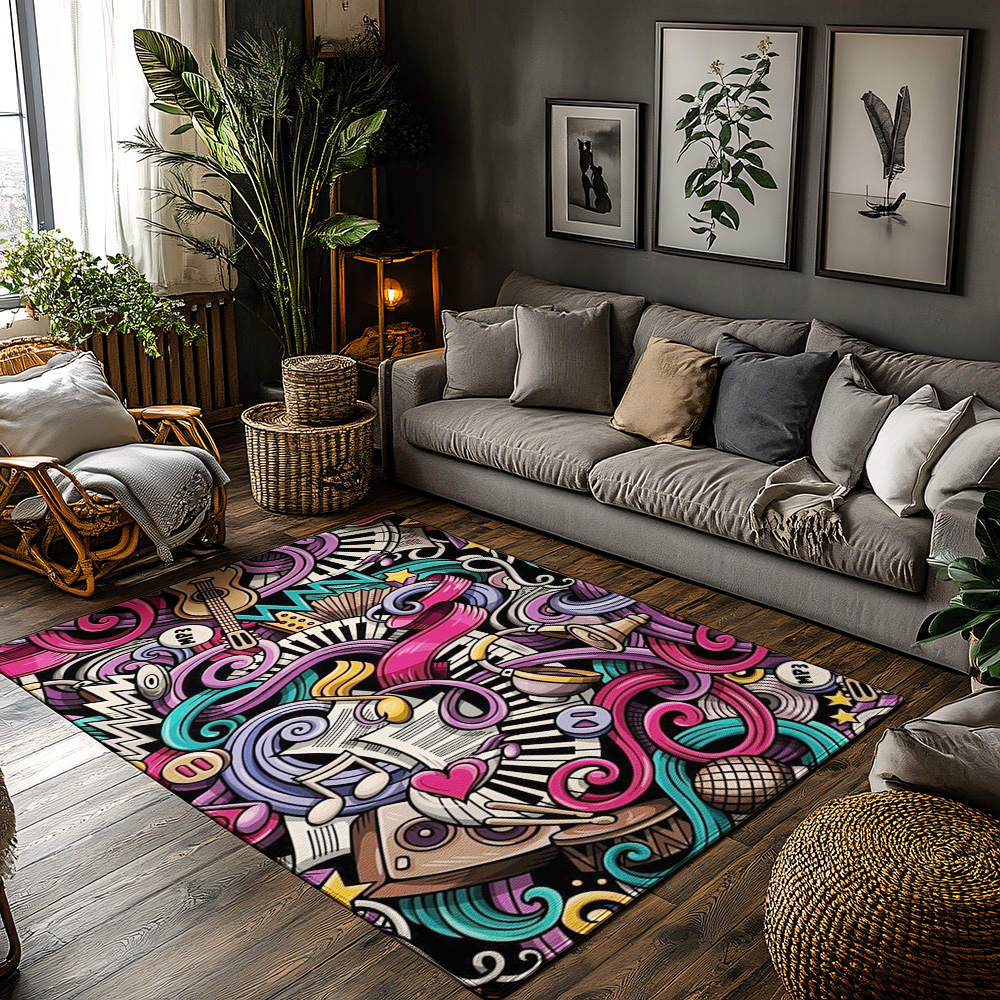 Home Textiles Notes - Musical Notes Love Print Rug, Pink